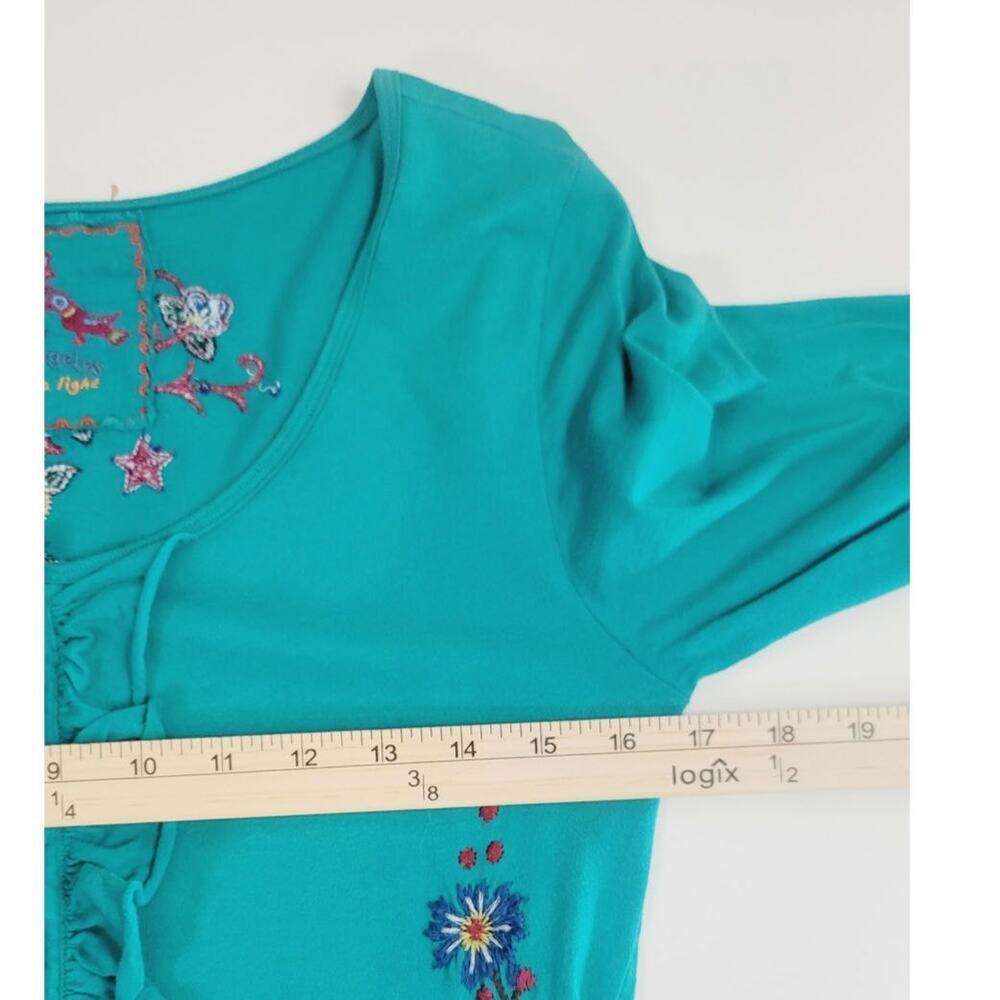 Johnny Was LA Embroidered Ruffle Button Front Teal Long Sleeve Blouse, sz Med - Picture 11 of 15